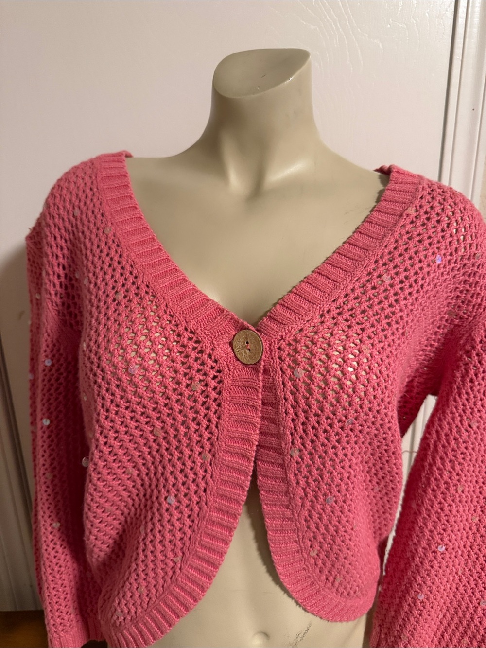 Christopher & Banks Coral Pink Open-Knit V-Neck Cardigan